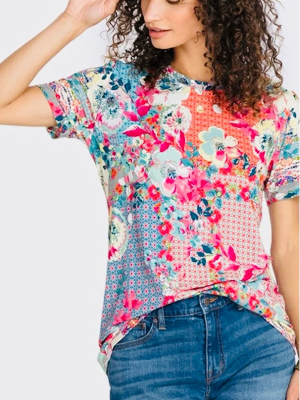 Johnny Was Multi-Color Floral Patchwork Short Sleeve Tee